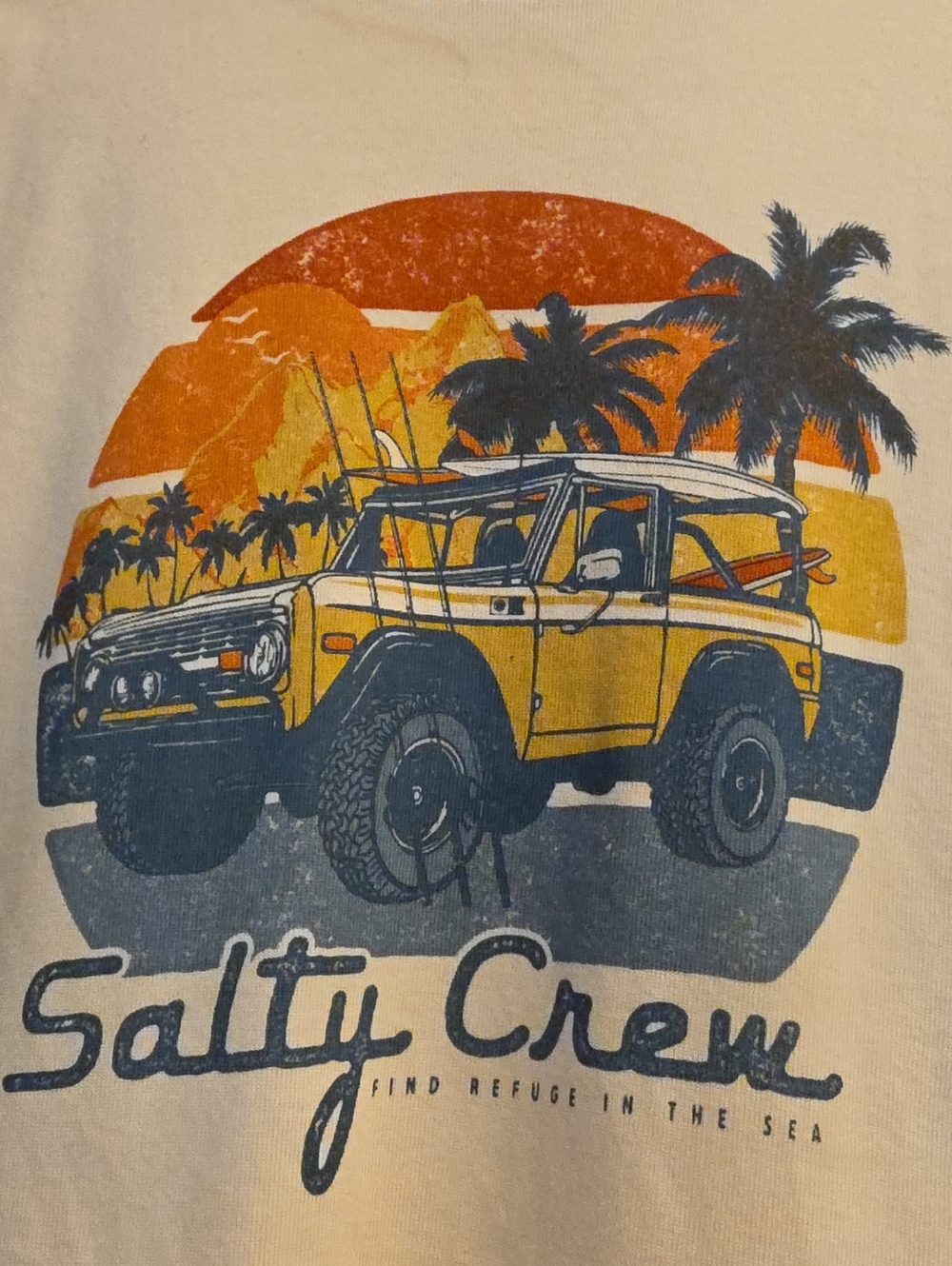 Salty Crew Womens Large White Raglan Cropped Tee Blue Sleeves and Yellow Graphic - Picture 4 of 4